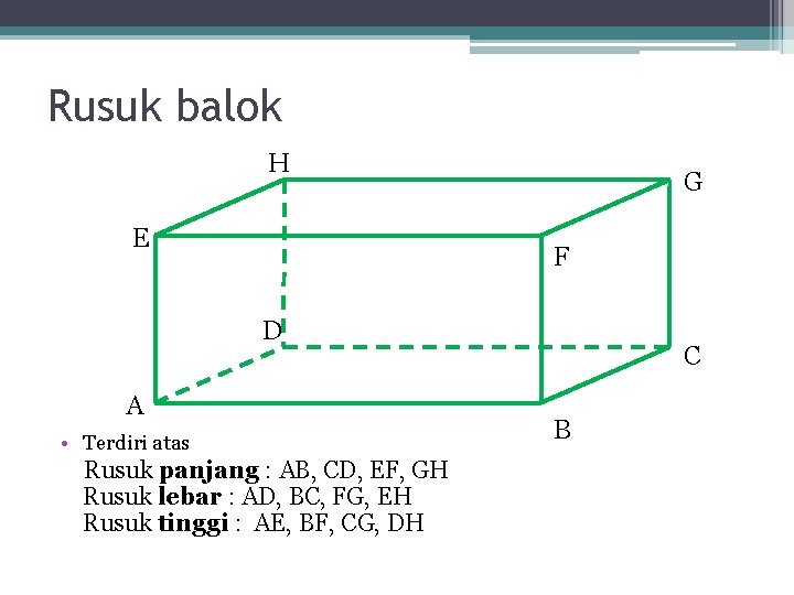 Rusuk balok H E G F D A • Terdiri atas Rusuk panjang :