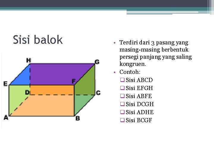 Sisi balok • Terdiri dari 3 pasang yang masing-masing berbentuk persegi panjang yang saling