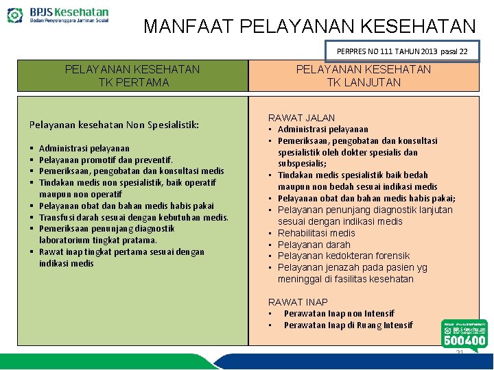 MANFAAT PELAYANAN KESEHATAN PERPRES NO 111 TAHUN 2013 pasal 22 PELAYANAN KESEHATAN TK PERTAMA