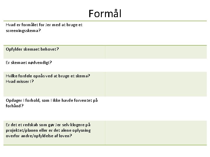 Formål Hvad er formålet for Jer med at bruge et screeningsskema? Opfylder skemaet behovet?