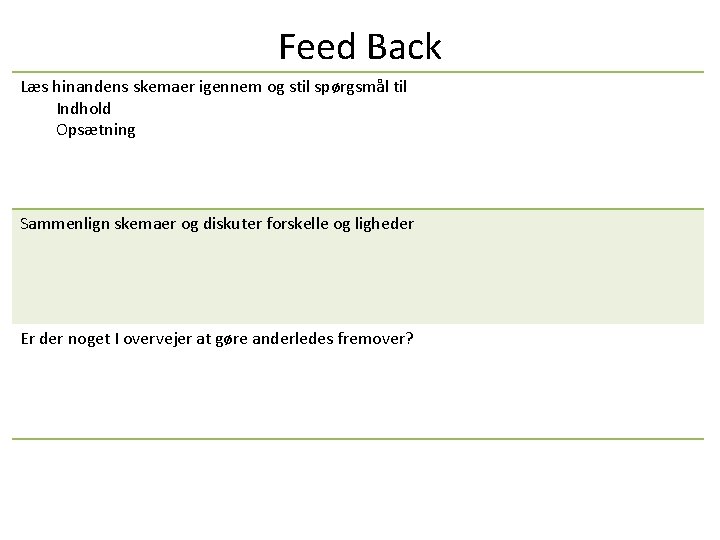 Feed Back Læs hinandens skemaer igennem og stil spørgsmål til Indhold Opsætning Sammenlign skemaer