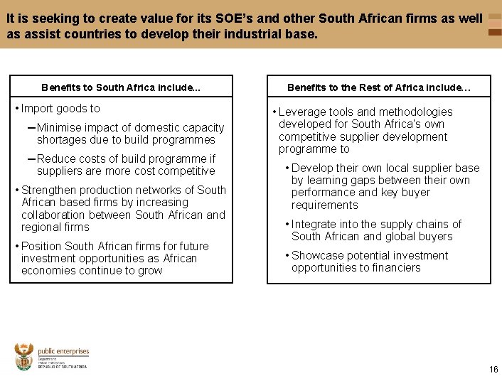 It is seeking to create value for its SOE’s and other South African firms