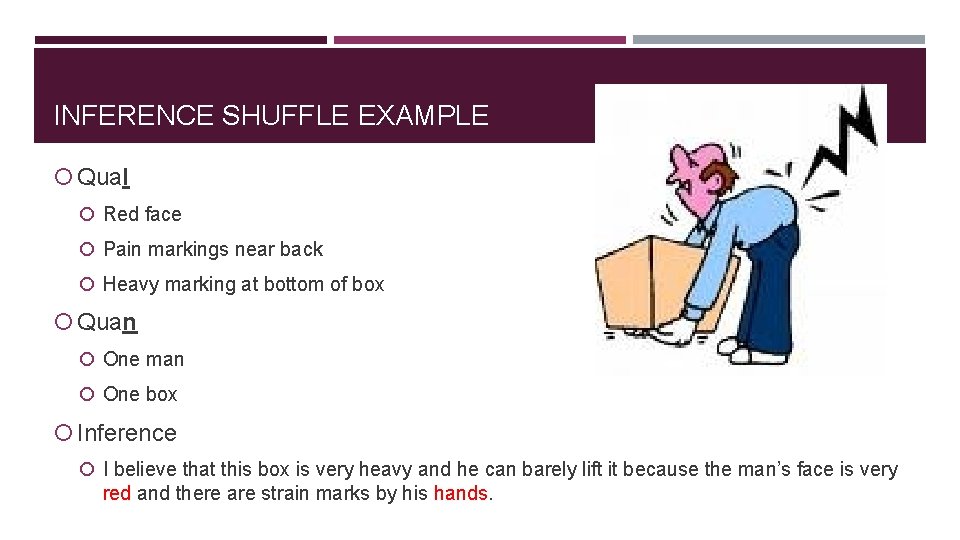 INFERENCE SHUFFLE EXAMPLE Qual Red face Pain markings near back Heavy marking at bottom