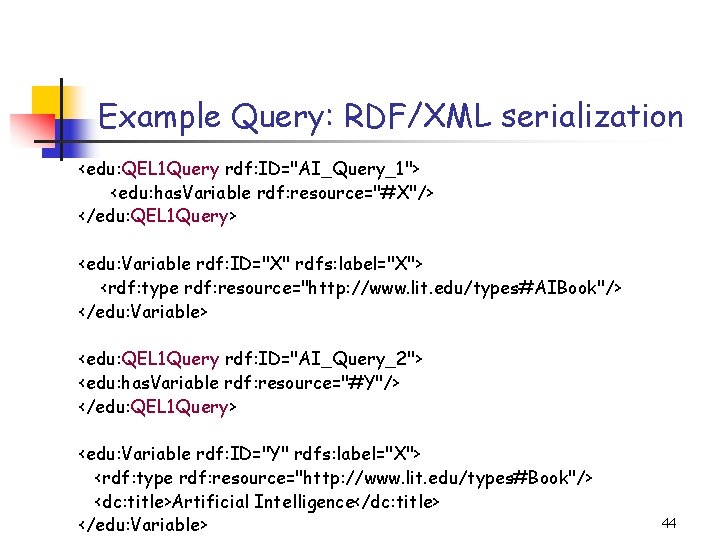 Example Query: RDF/XML serialization <edu: QEL 1 Query rdf: ID="AI_Query_1"> <edu: has. Variable rdf:
