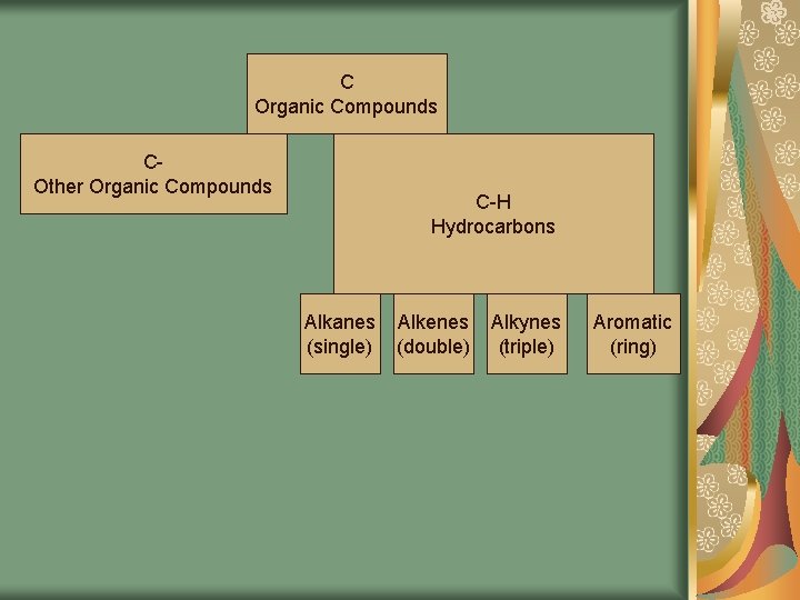 C Organic Compounds COther Organic Compounds C-H Hydrocarbons Alkanes (single) Alkenes (double) Alkynes (triple)