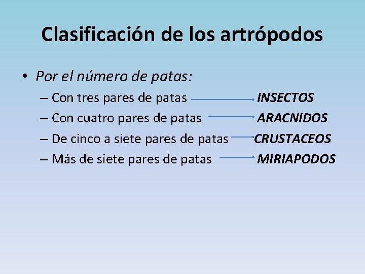 Clasificación de los artrópodos • Por el número de patas: – Con tres pares