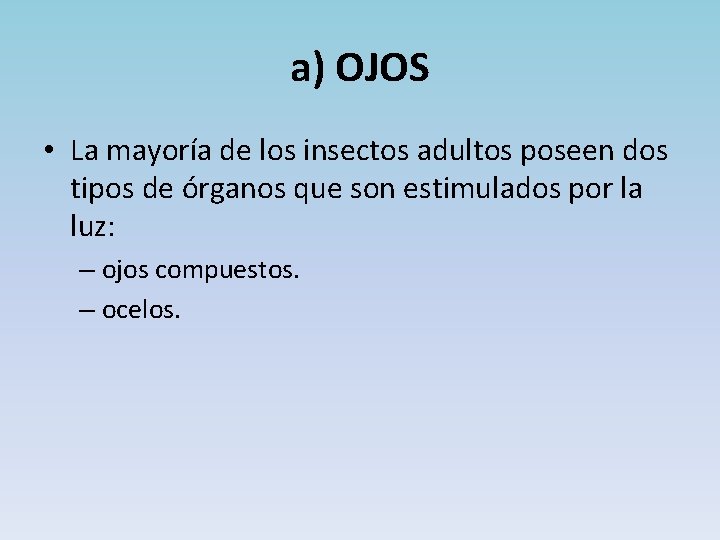 a) OJOS • La mayoría de los insectos adultos poseen dos tipos de órganos