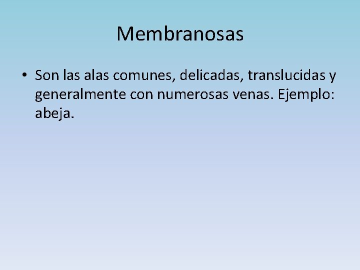 Membranosas • Son las alas comunes, delicadas, translucidas y generalmente con numerosas venas. Ejemplo: