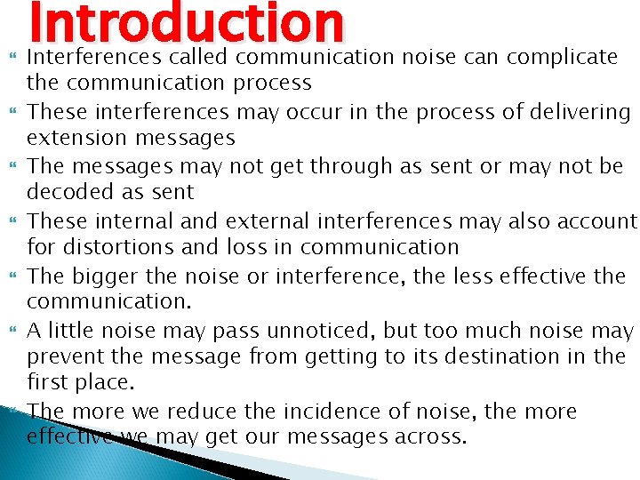  Introduction Interferences called communication noise can complicate the communication process These interferences may