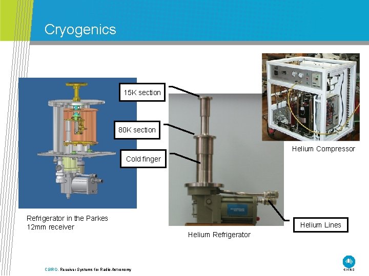 Cryogenics 15 K section 80 K section Helium Compressor Cold finger Refrigerator in the