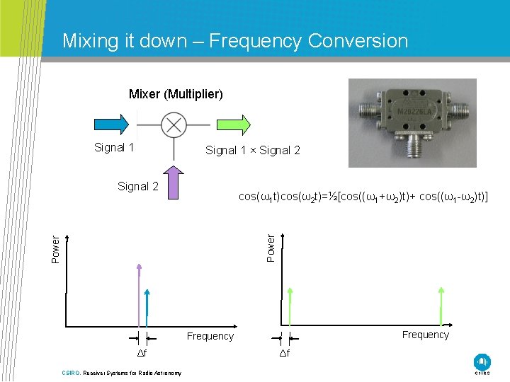 Mixing it down – Frequency Conversion Mixer (Multiplier) Signal 1 × Signal 2 Power