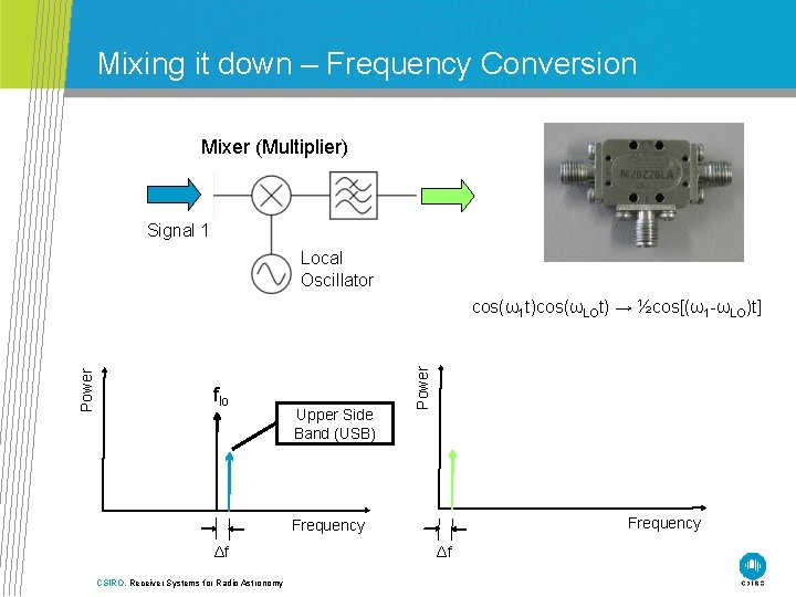 Mixing it down – Frequency Conversion Mixer (Multiplier) Signal 1 Local Oscillator flo Upper