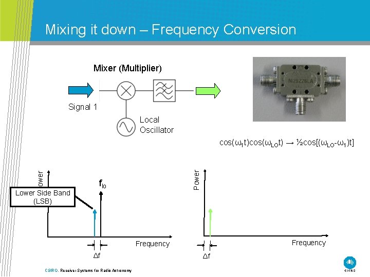 Mixing it down – Frequency Conversion Mixer (Multiplier) Signal 1 Local Oscillator Lower Side