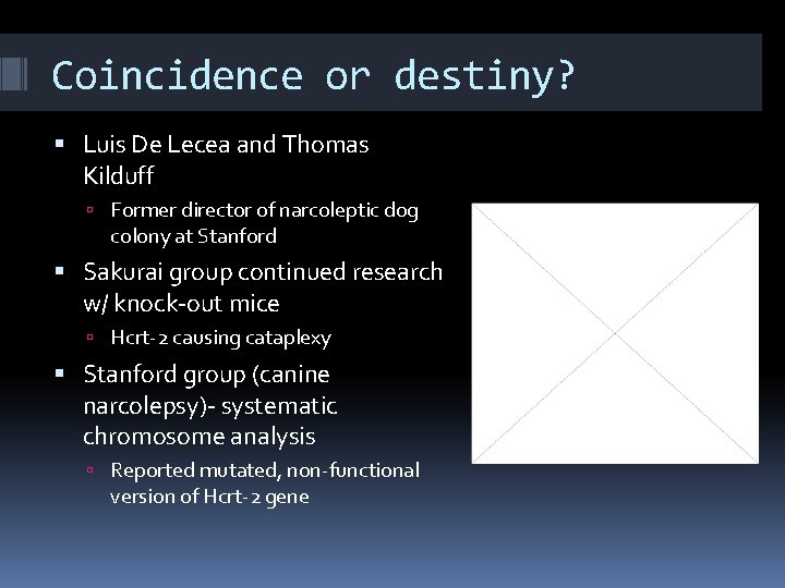Coincidence or destiny? Luis De Lecea and Thomas Kilduff Former director of narcoleptic dog