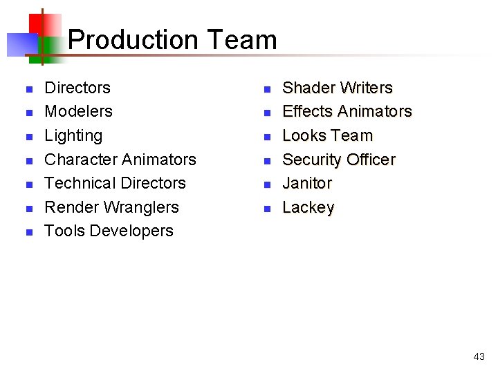 Production Team n n n n Directors Modelers Lighting Character Animators Technical Directors Render