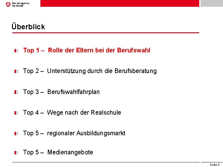 Überblick Top 1 – Rolle der Eltern bei der Berufswahl Top 2 – Unterstützung