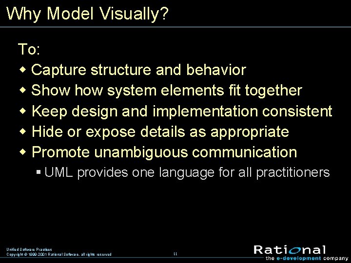 Why Model Visually? To: w Capture structure and behavior w Show system elements fit