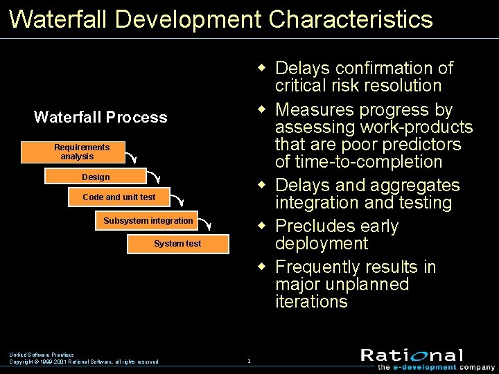 Waterfall Development Characteristics w Delays confirmation of critical risk resolution w Measures progress by