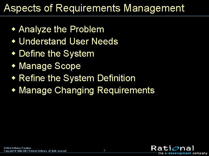 Aspects of Requirements Management w Analyze the Problem w Understand User Needs w Define