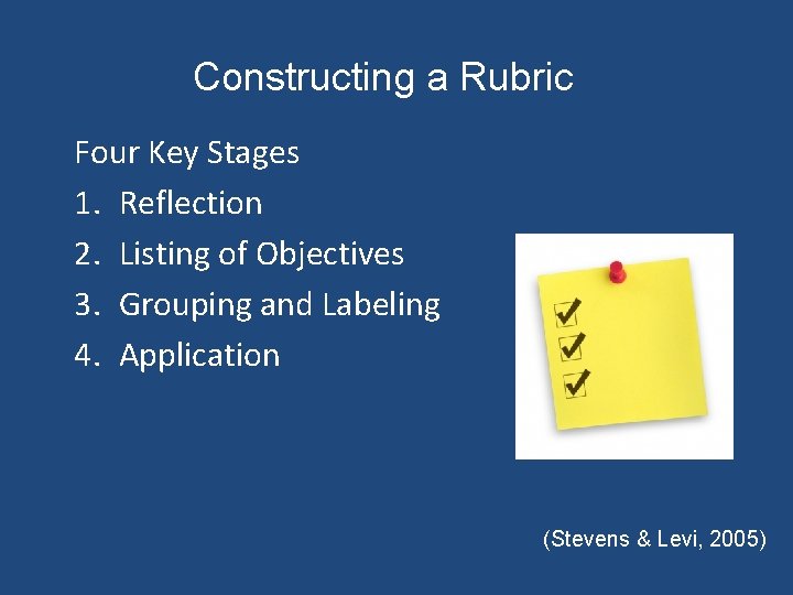 Constructing a Rubric Four Key Stages 1. Reflection 2. Listing of Objectives 3. Grouping