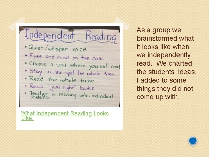 As a group we brainstormed what it looks like when we independently read. We