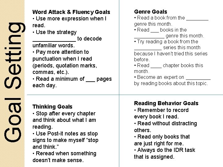 Goal Setting Word Attack & Fluency Goals • Use more expression when I read.