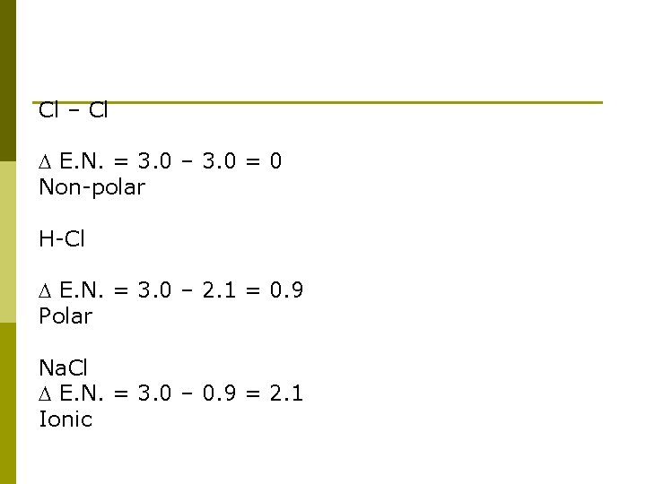 Cl – Cl E. N. = 3. 0 – 3. 0 = 0 Non-polar