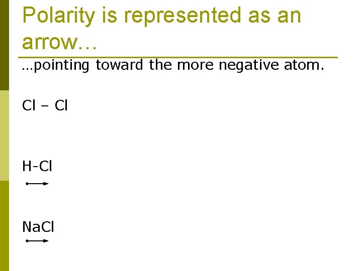 Polarity is represented as an arrow… …pointing toward the more negative atom. Cl –