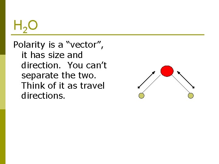H 2 O Polarity is a “vector”, it has size and direction. You can’t