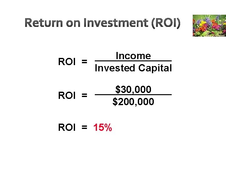 Income ROI = Invested Capital ROI = $30, 000 $200, 000 ROI = 15%