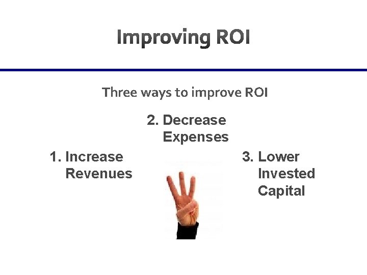 Three ways to improve ROI 2. Decrease Expenses 1. Increase Revenues 3. Lower Invested