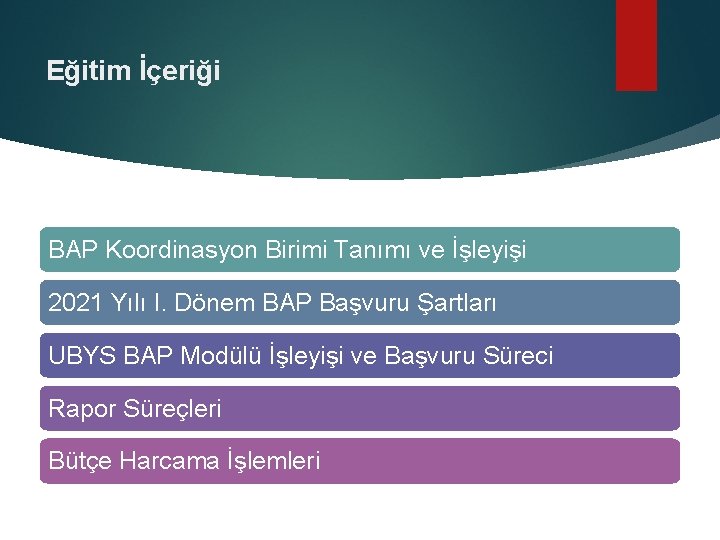 Eğitim İçeriği BAP Koordinasyon Birimi Tanımı ve İşleyişi 2021 Yılı I. Dönem BAP Başvuru