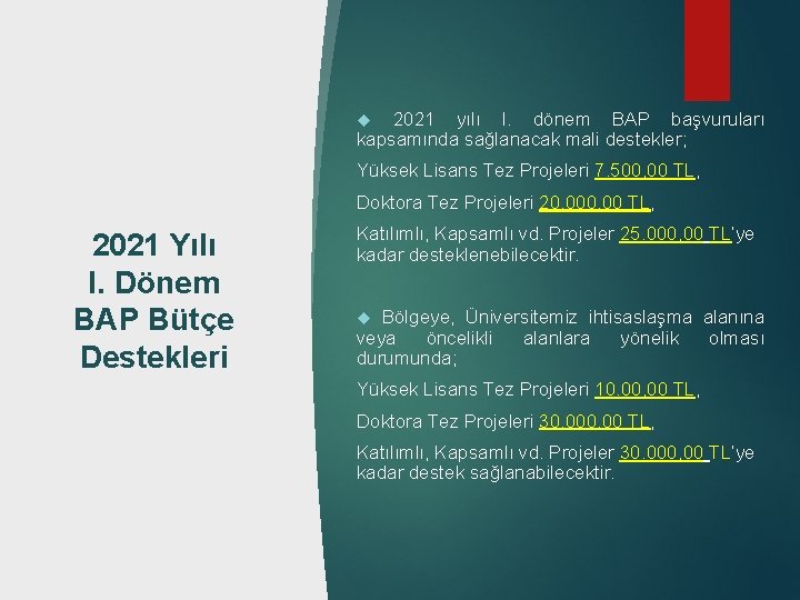 2021 yılı I. dönem BAP başvuruları kapsamında sağlanacak mali destekler; Yüksek Lisans Tez Projeleri