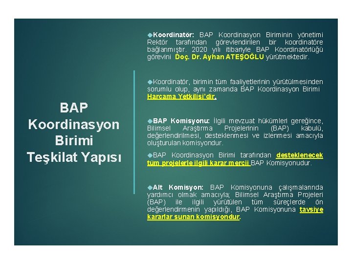  Koordinatör: BAP Koordinasyon Biriminin yönetimi Rektör tarafından görevlendirilen bir koordinatöre bağlanmıştır. 2020 yılı