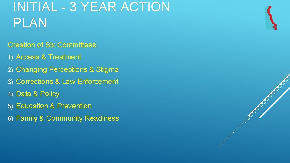 INITIAL - 3 YEAR ACTION PLAN Creation of Six Committees: 1) Access & Treatment