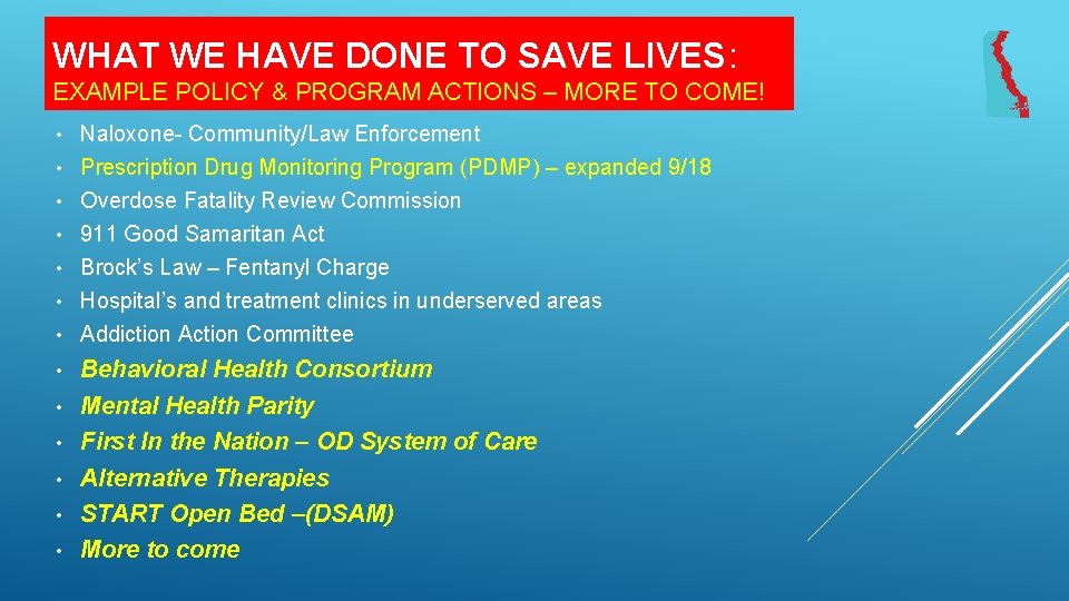 WHAT WE HAVE DONE TO SAVE LIVES: EXAMPLE POLICY & PROGRAM ACTIONS – MORE