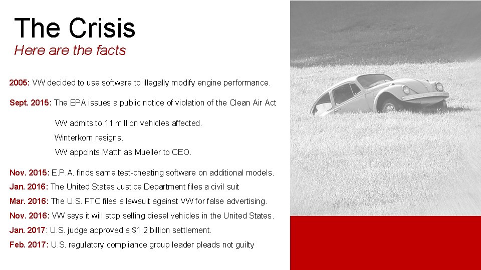 The Crisis Here are the facts 2005: VW decided to use software to illegally