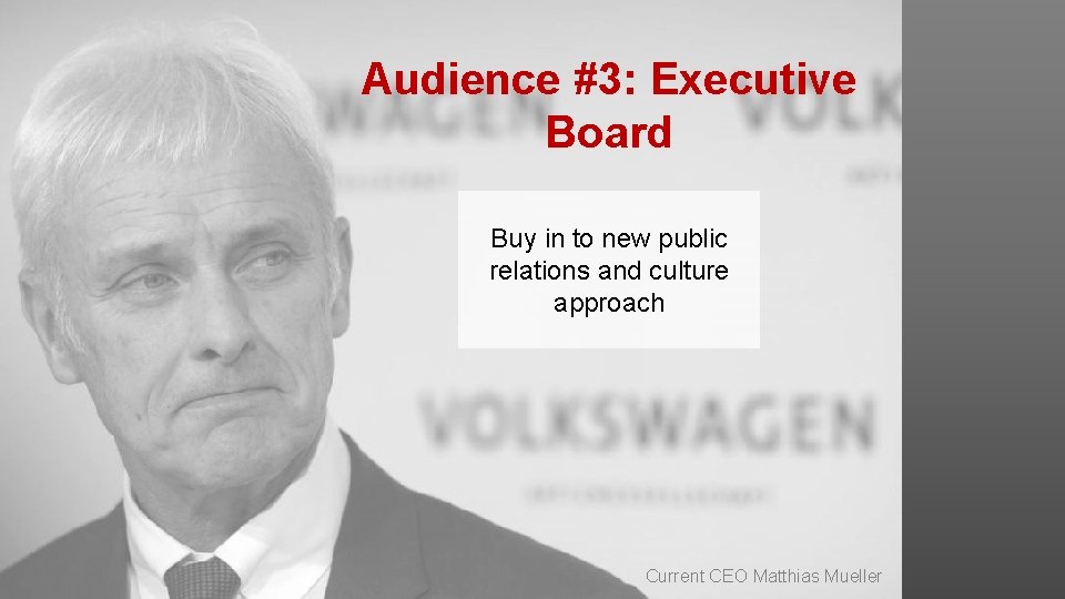 Audience #3: Executive Board Buy in to new public relations and culture approach Current