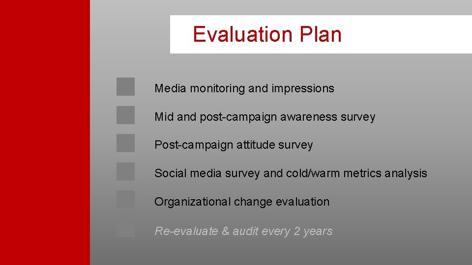 Evaluation Plan Media monitoring and impressions Mid and post-campaign awareness survey Post-campaign attitude survey