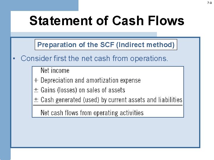 7 -9 Statement of Cash Flows Preparation of the SCF (Indirect method) • Consider