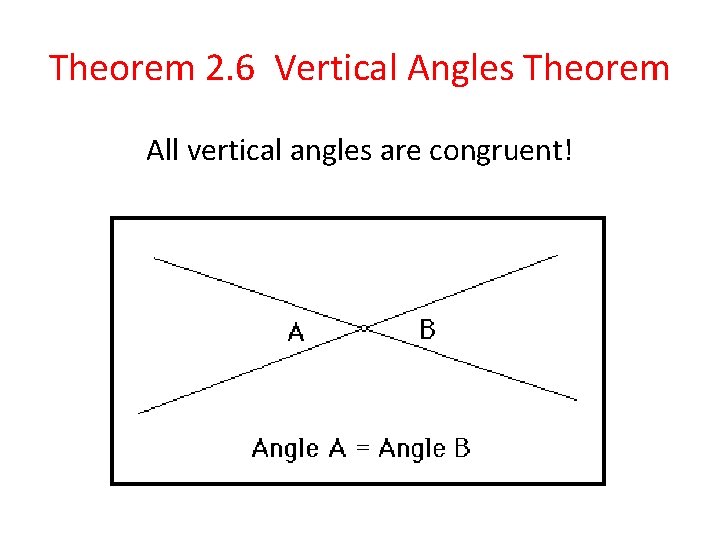Theorem 2. 6 Vertical Angles Theorem All vertical angles are congruent! 