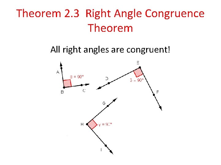 Theorem 2. 3 Right Angle Congruence Theorem All right angles are congruent! 