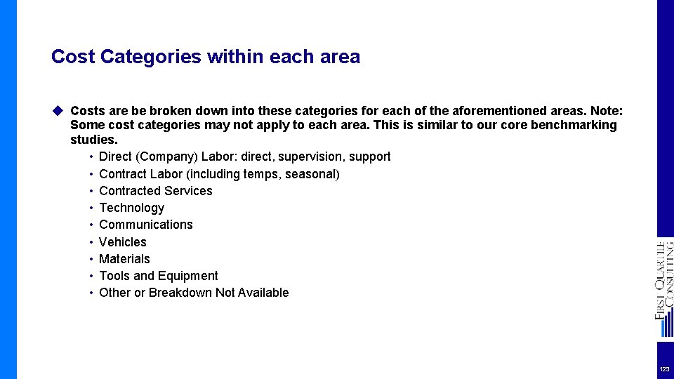 Cost Categories within each area ◆ Costs are be broken down into these categories