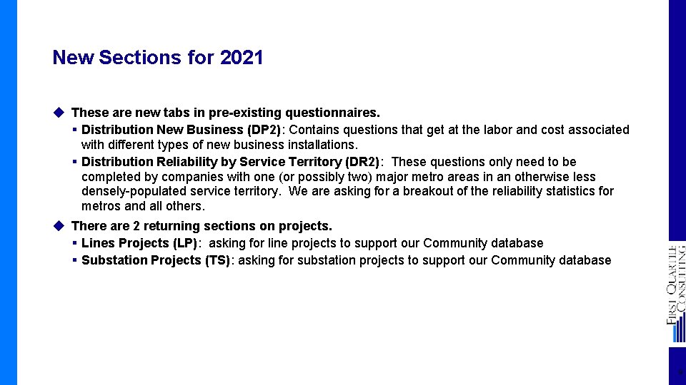 New Sections for 2021 ◆ These are new tabs in pre-existing questionnaires. § Distribution