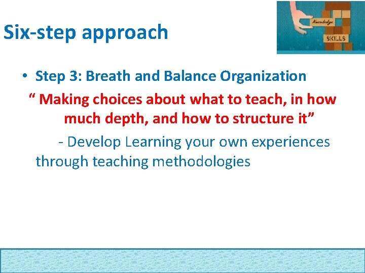 Six-step approach • Step 3: Breath and Balance Organization “ Making choices about what