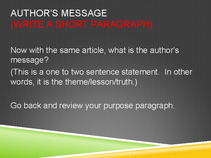 AUTHOR’S MESSAGE (WRITE A SHORT PARAGRAPH) Now with the same article, what is the