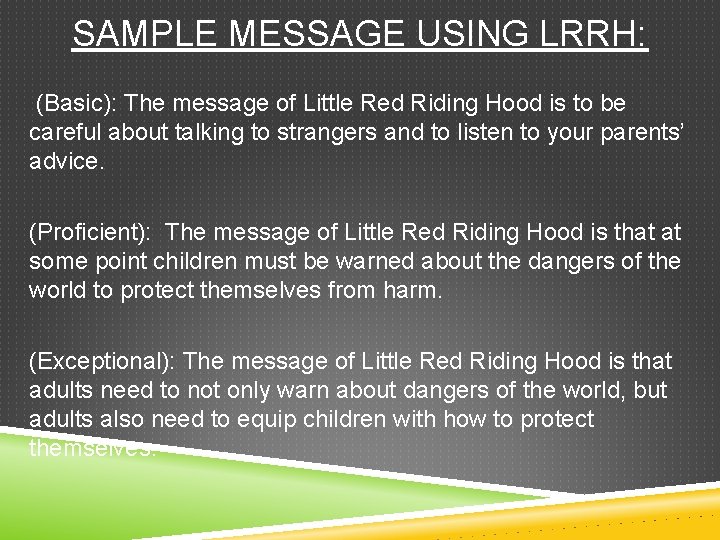 SAMPLE MESSAGE USING LRRH: (Basic): The message of Little Red Riding Hood is to