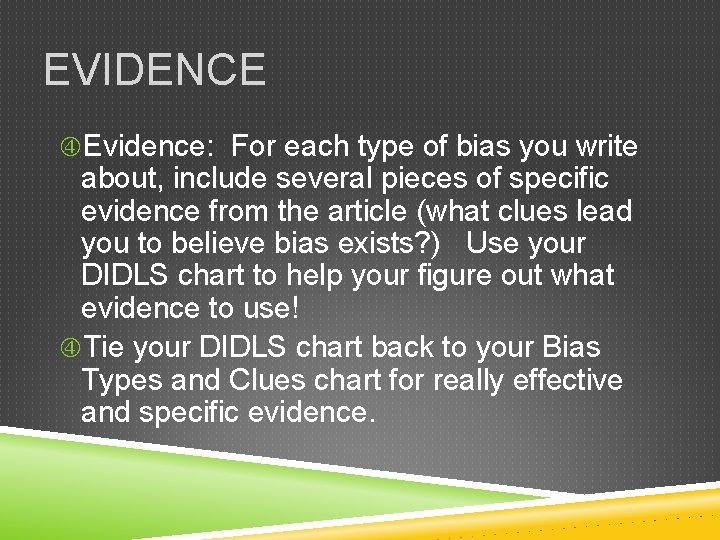 EVIDENCE Evidence: For each type of bias you write about, include several pieces of