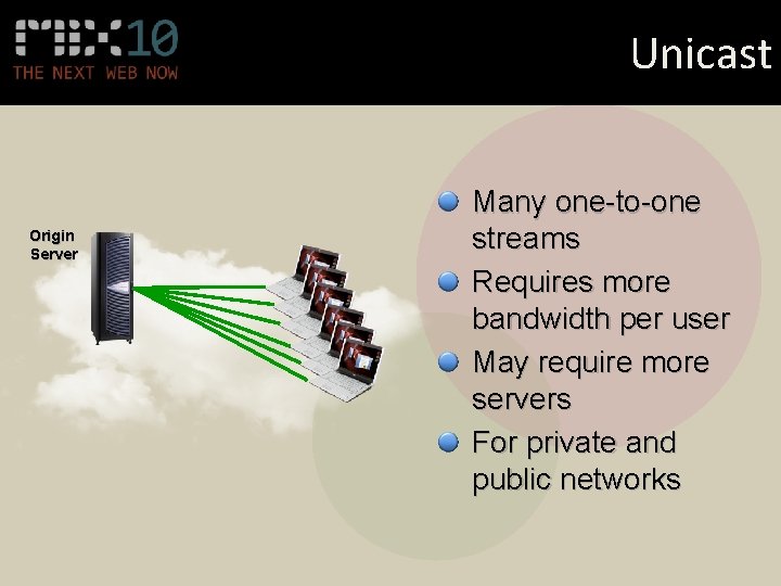 Unicast Origin Server Many one-to-one streams Requires more bandwidth per user May require more