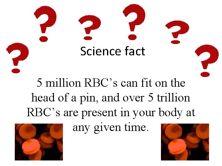 Science fact 5 million RBC’s can fit on the head of a pin, and